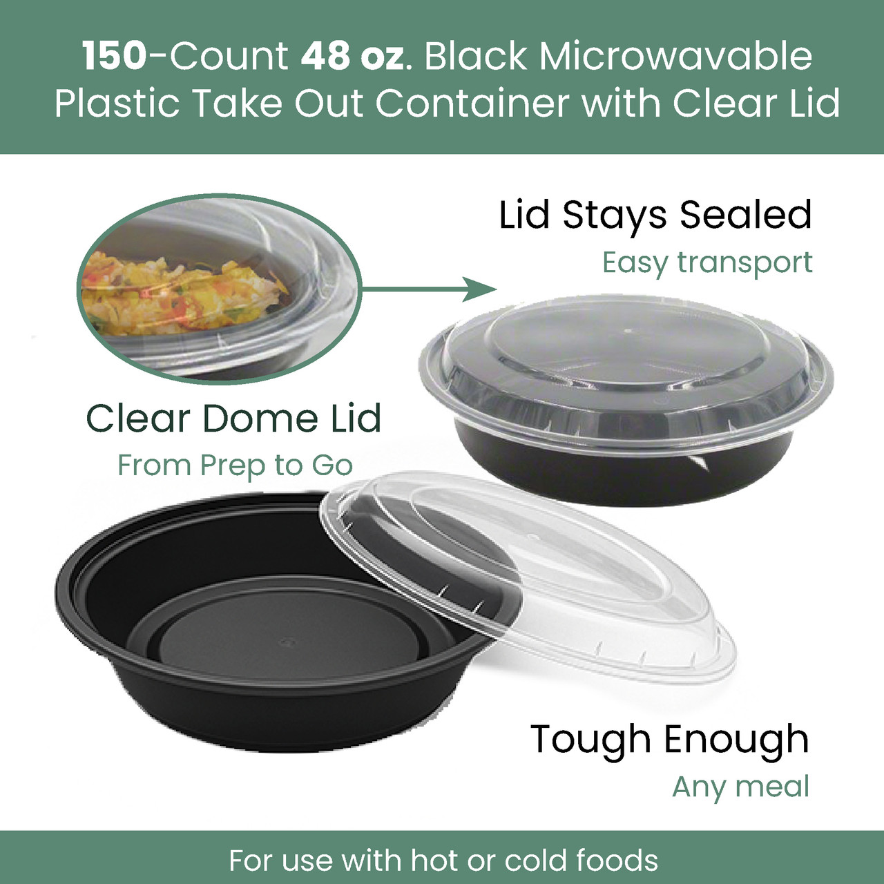 50-Count 48 oz. Black Microwavable Plastic Take Out Container with